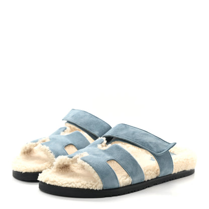 Hermes Suede Goatskin Woolskin Womens Chypre Sandals 40.5 Bleu Pinede Ecru 3 of 8