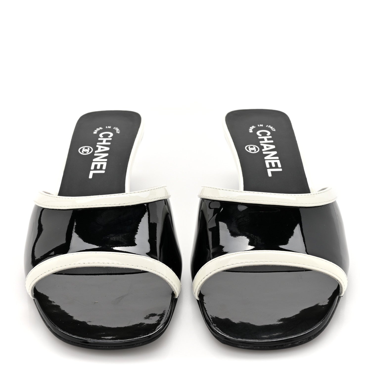 Chanel Patent Calfskin Mules 37.5 Black White 3 of 11