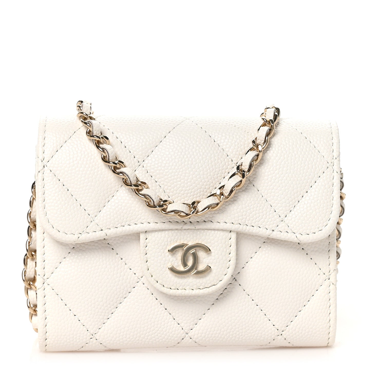 Caviar Quilted Flap Card Holder On Chain White