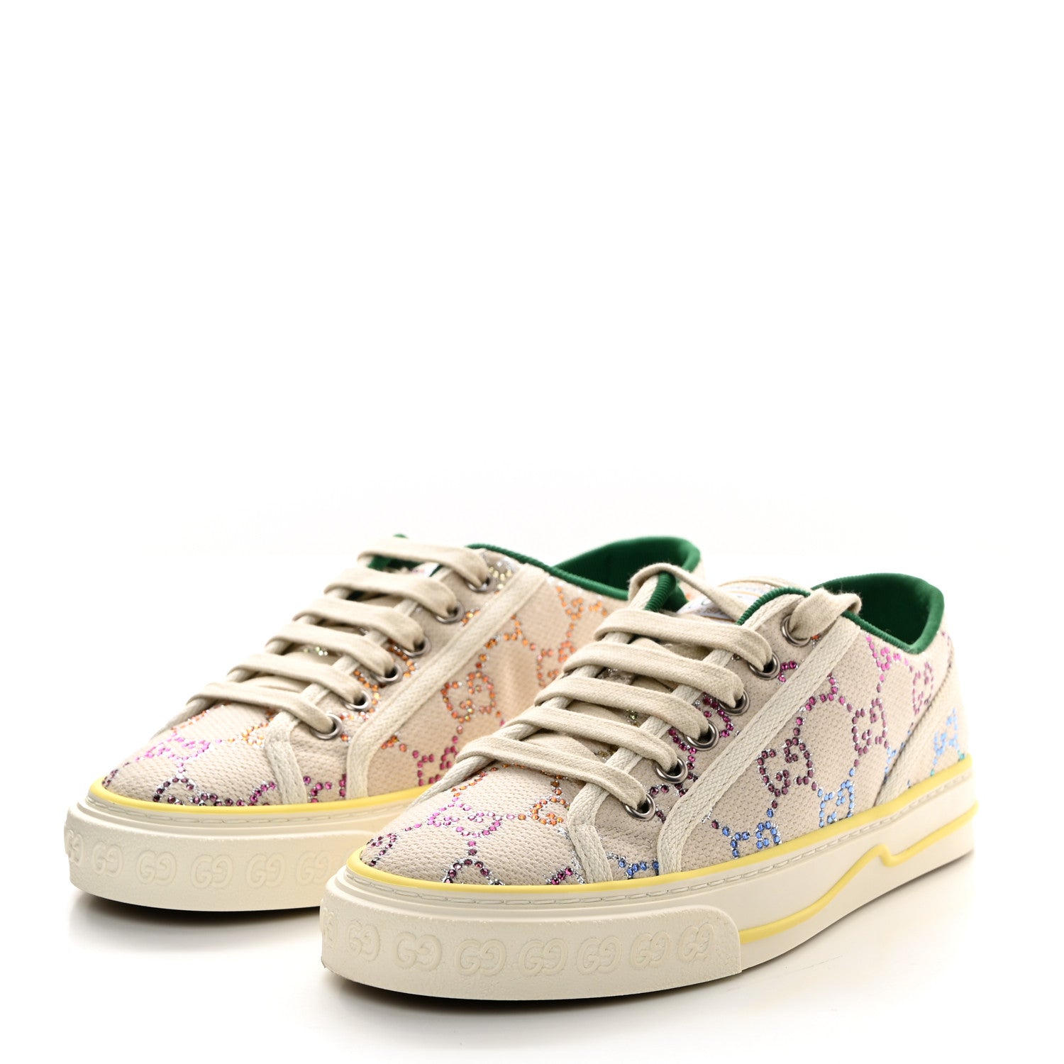 Gucci Canvas Lame Crystal GG Monogram Womens 1977 Tennis Sneakers 35.5 Gardenia Silver Mystic White 3 of 8