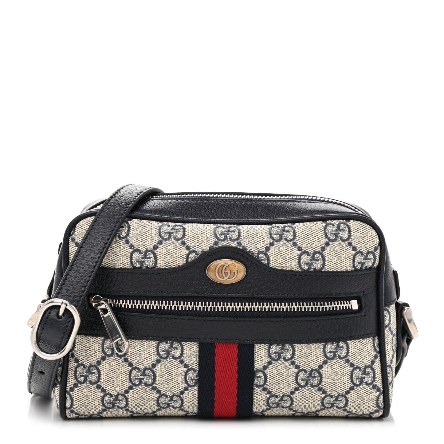 GG Supreme Monogram Textured Dollar Calfskin Web Mini Ophidia Shoulder Bag Beige Blue