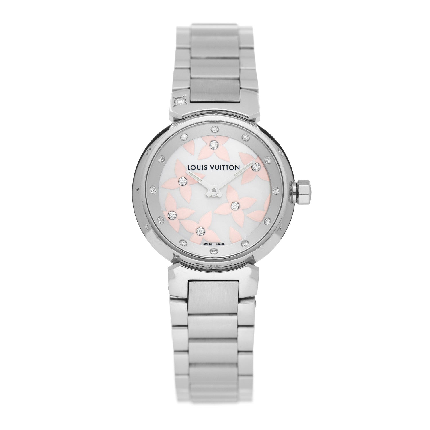 Louis Vuitton Stainless Steel Diamond Mother of Pearl 28mm Tambour Lovely Quartz Watch 1 of 5