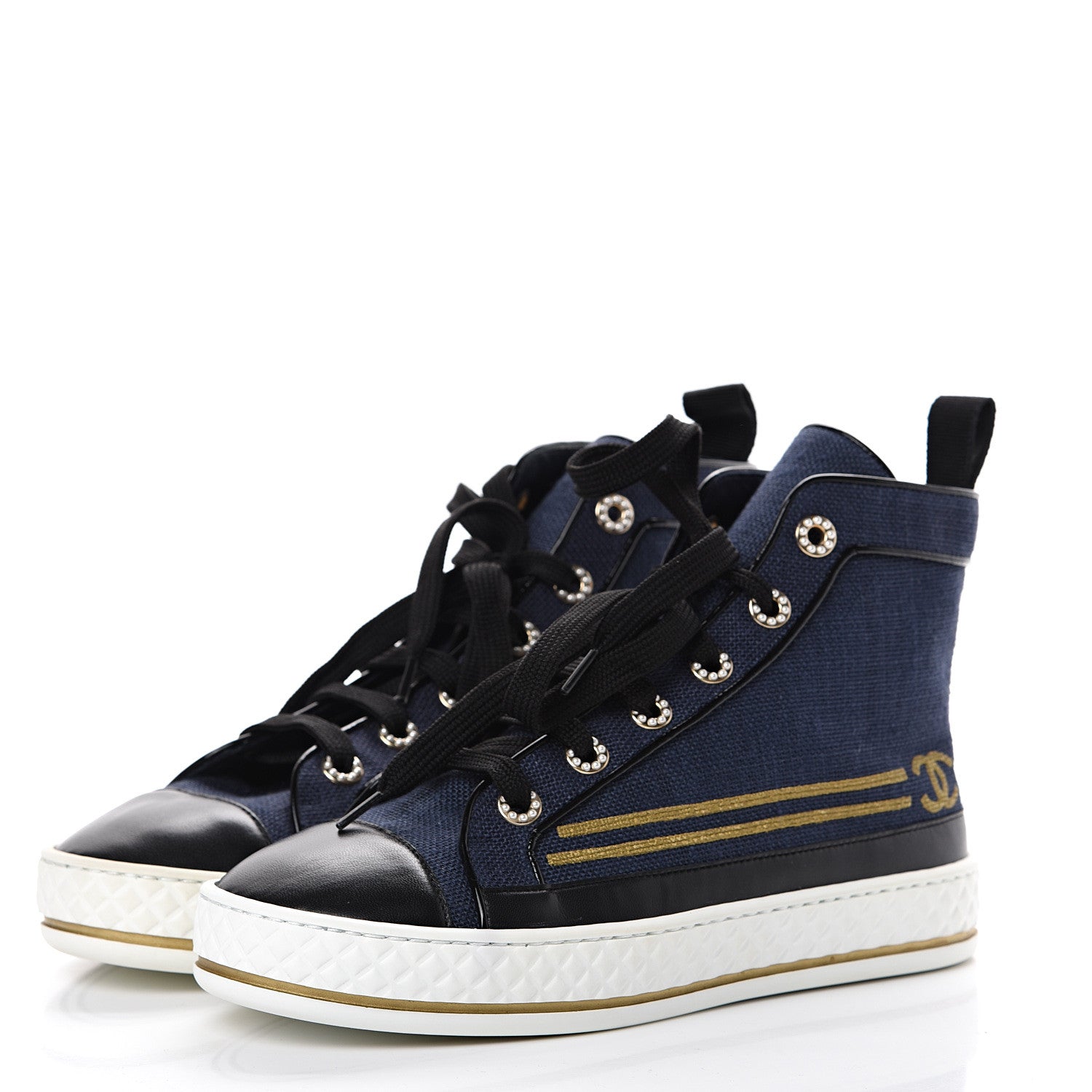 Chanel Fabric Lambskin Lace Up Cap Toe Sneakers 36.5 Navy Black 3 of 7
