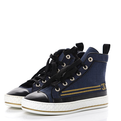 Chanel Fabric Lambskin Lace Up Cap Toe Sneakers 36.5 Navy Black 3 of 7