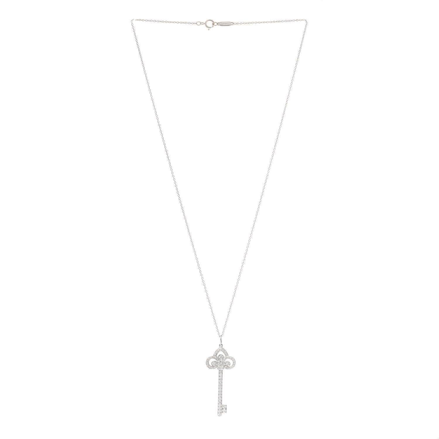 Tiffany Platinum Diamond .41ct Fleur De Lis Key Pendant Necklace 3 of 7