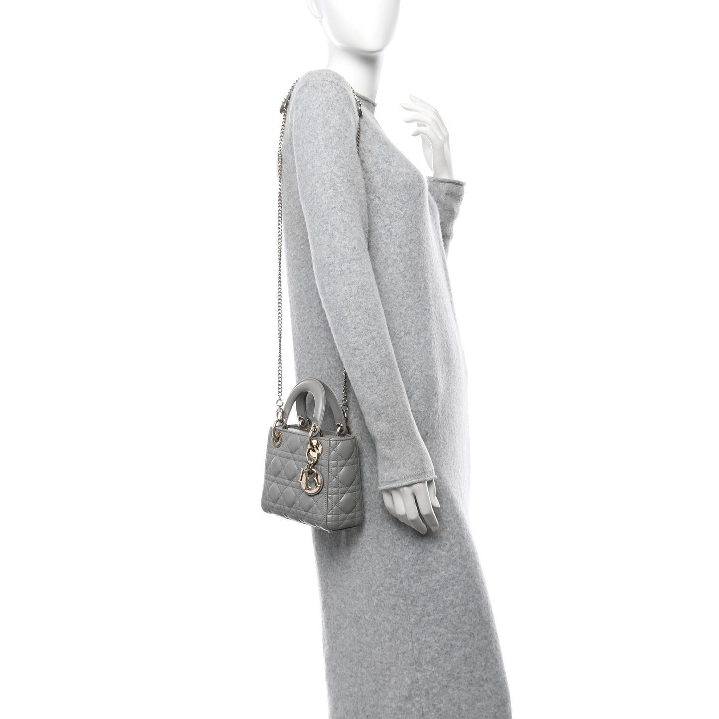 Metallic Lambskin Cannage Mini Lady Dior Grey