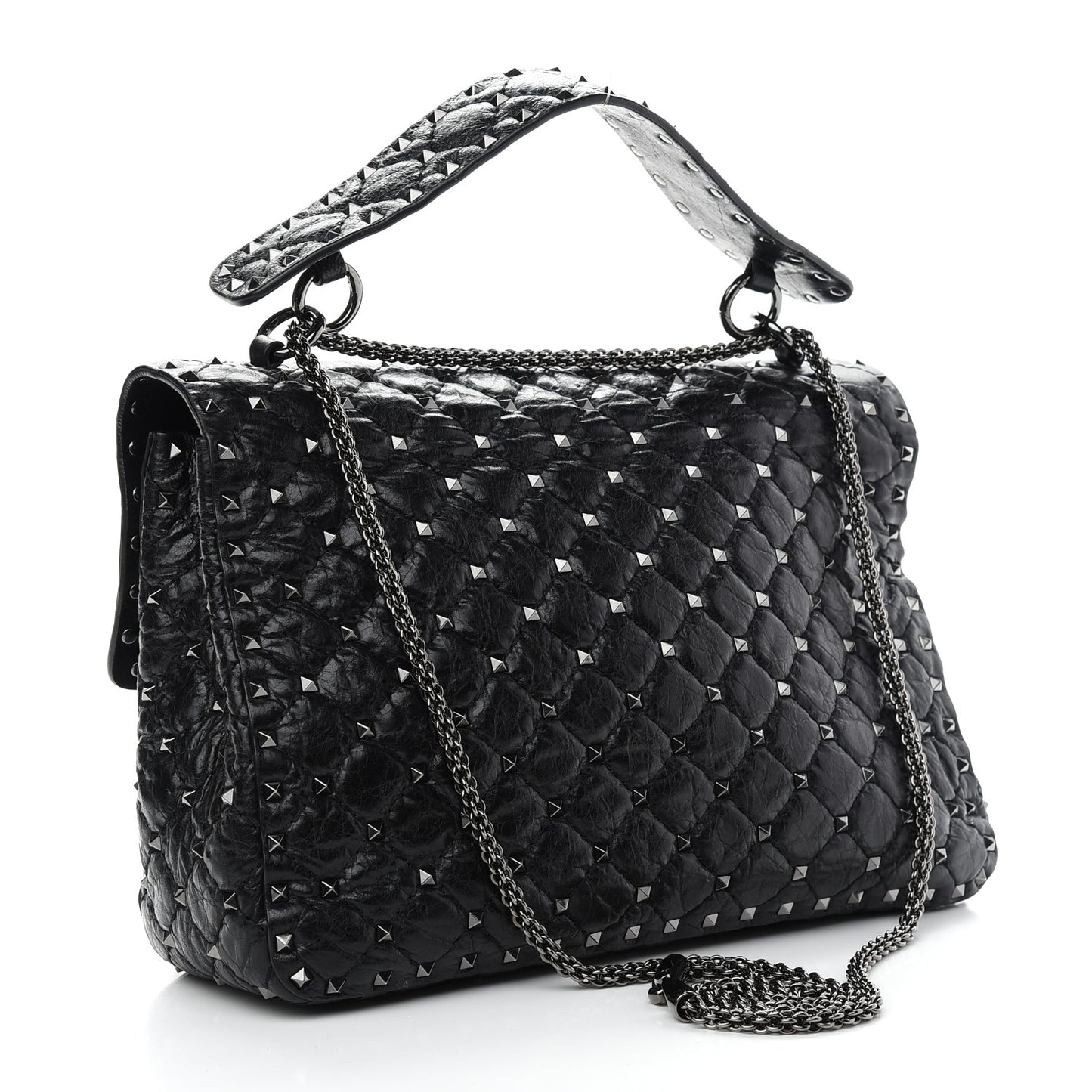 Craquele Nappa Large Rockstud Spike Shoulder Bag Black