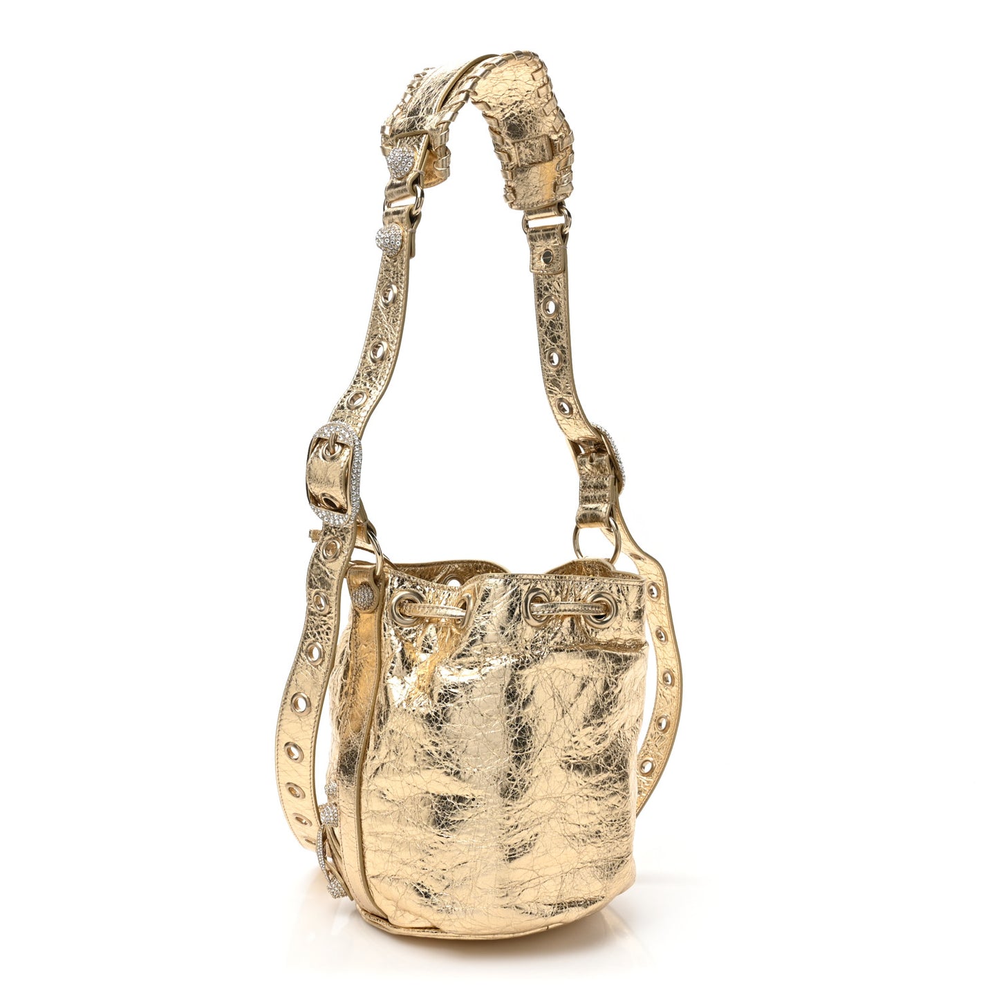 Metallic Agneau Arena Crystal Le Cagole Bucket Bag XS Light Gold