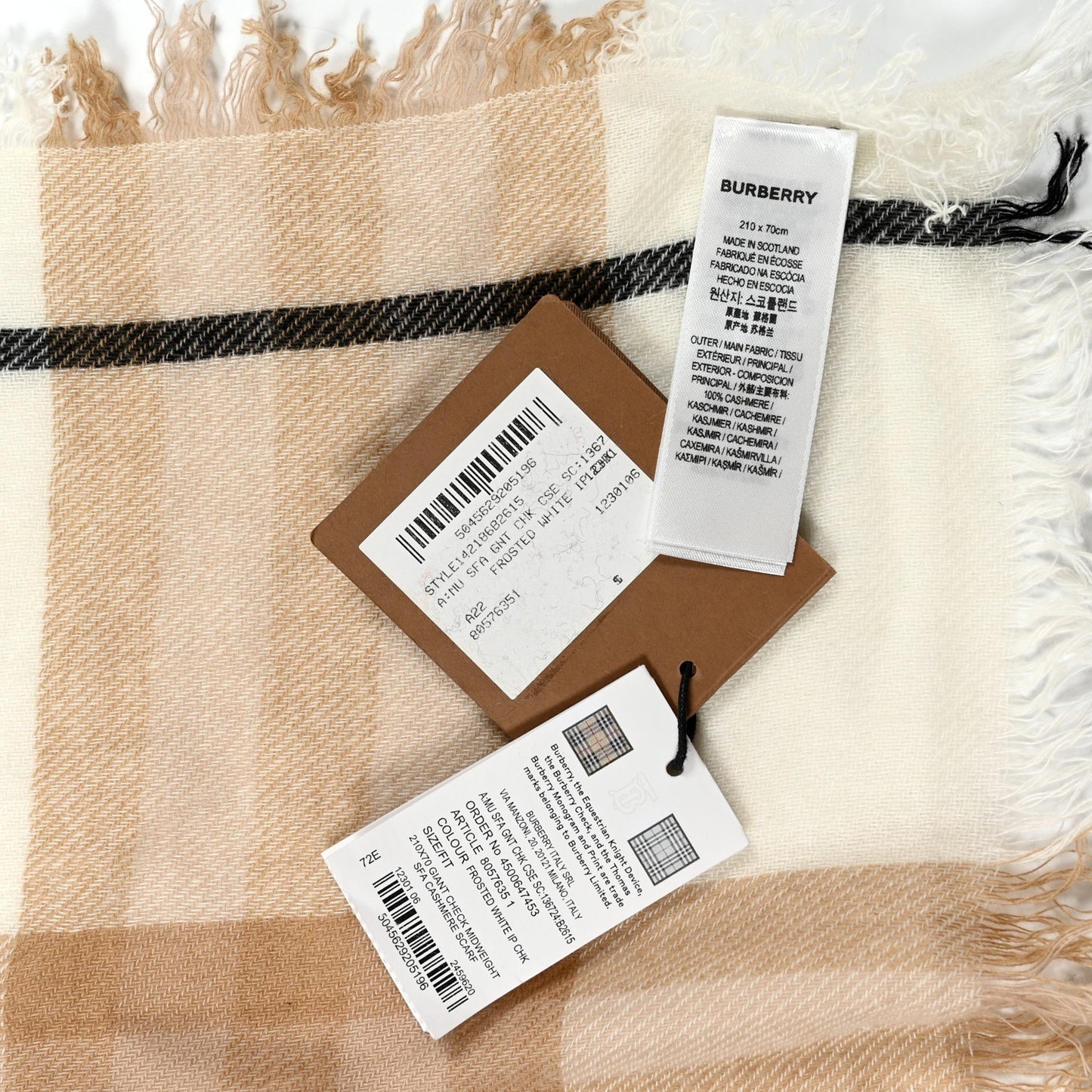 Cashmere Giant Check Midweight Fringe Scarf Frosted White
