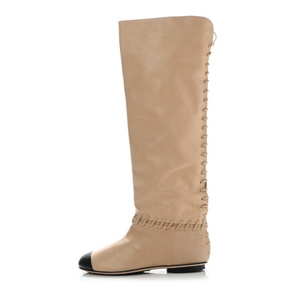 Chanel Lambskin Lace Up Cap Toe High Boots 37 Beige Black 1 of 13
