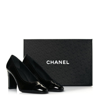 Chanel Patent Calfskin Crystal Cap Toe Logo Pumps 38 Black 11 of 11