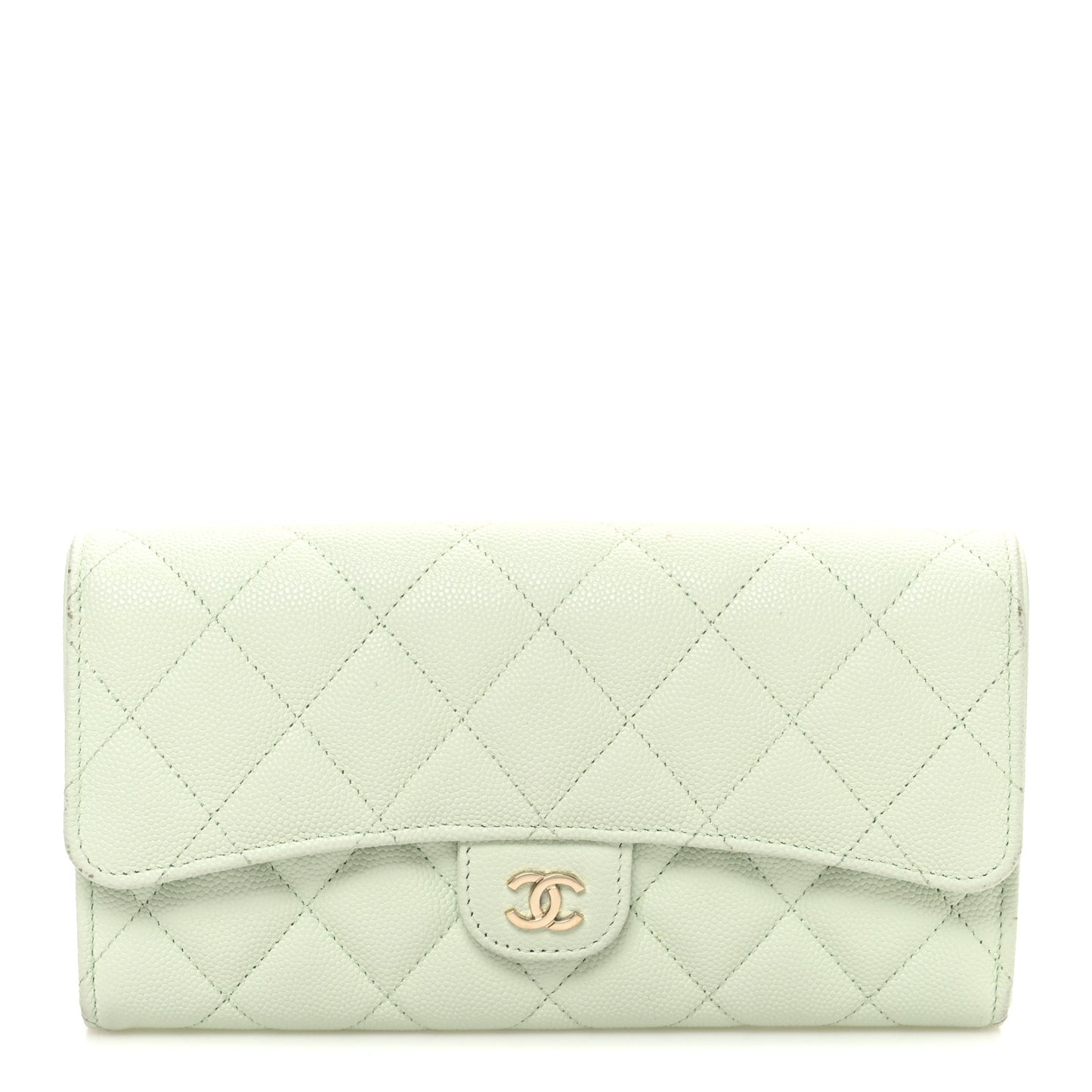 Caviar Quilted Large Gusset Flap Wallet Light Green