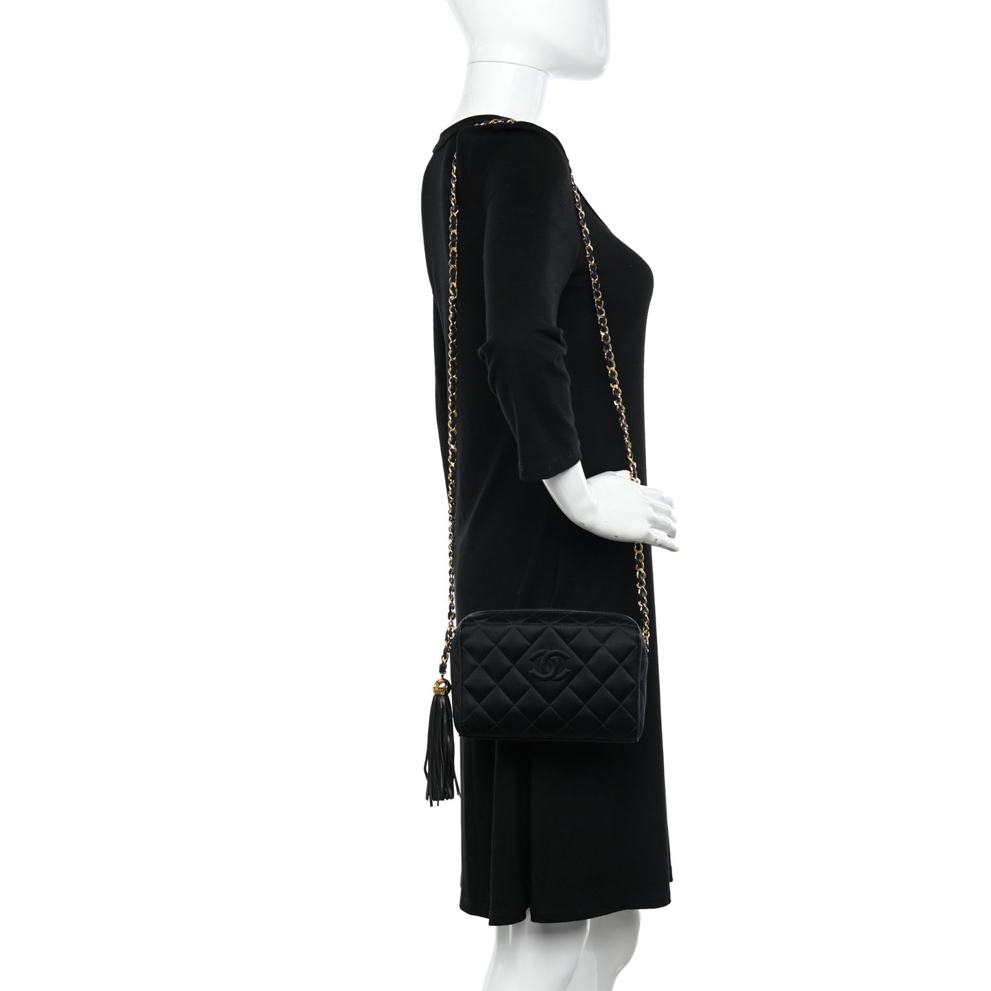 Satin Quilted Tassel Camera Case Black