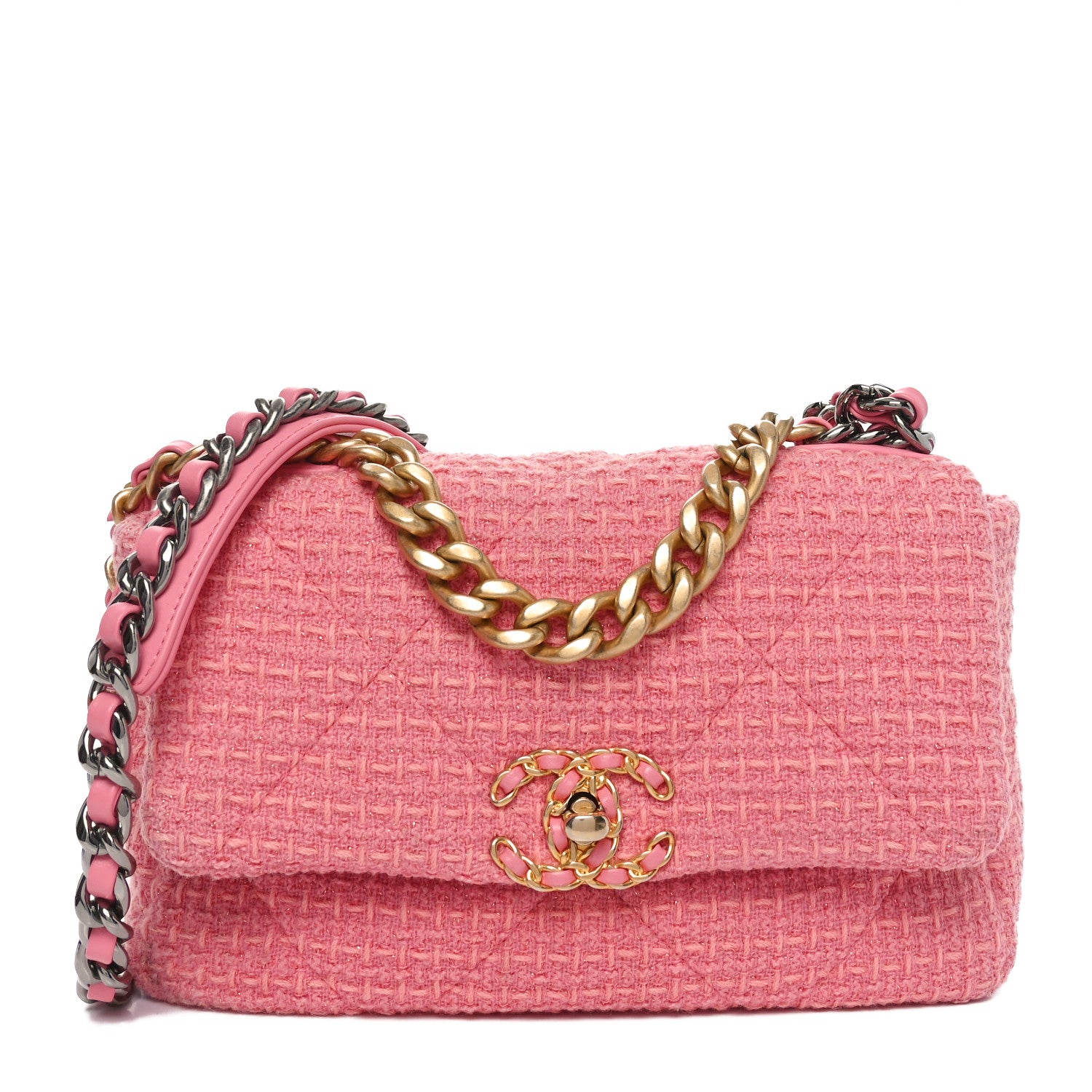 Chanel Metallic Tweed Quilted Medium Chanel 19 Flap Pink 1 of 12