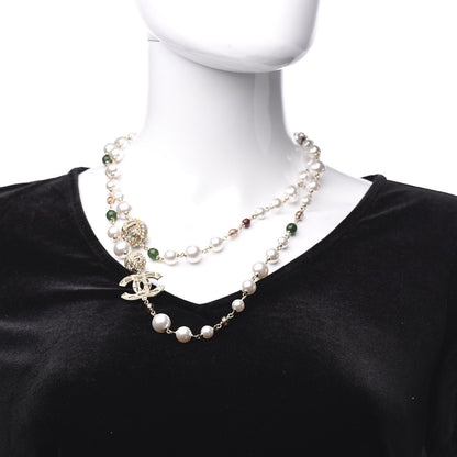 Chanel Pearl Bead Tweed Effect CC Long Necklace Gold Green Red 2 of 5