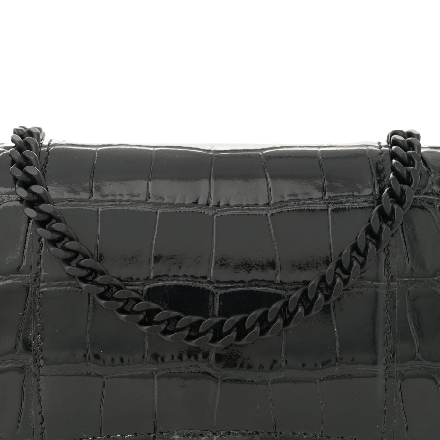 Shiny Calfskin Strass Monochrome Crocodile Embossed Hourglass Chain Bag Black