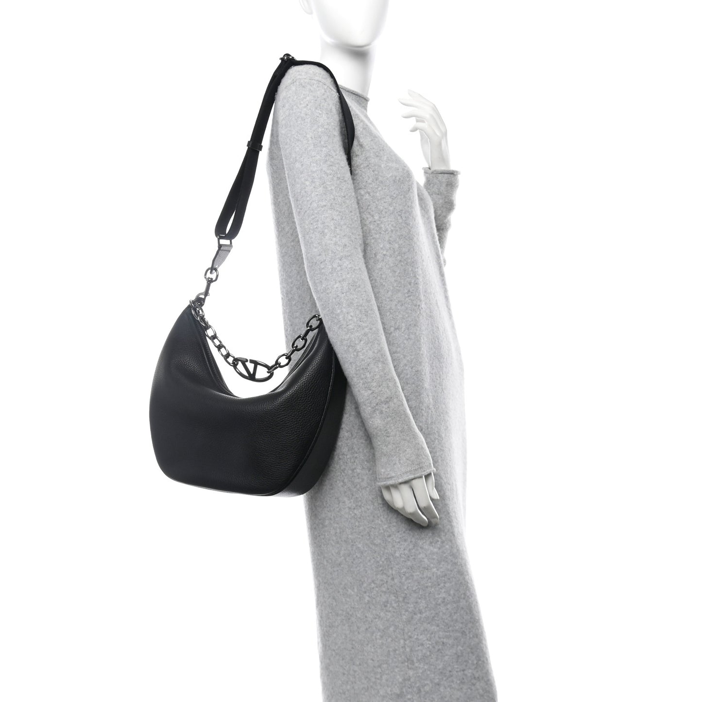 Grainy Calfskin Medium Vlogo Moon Hobo Bag Black