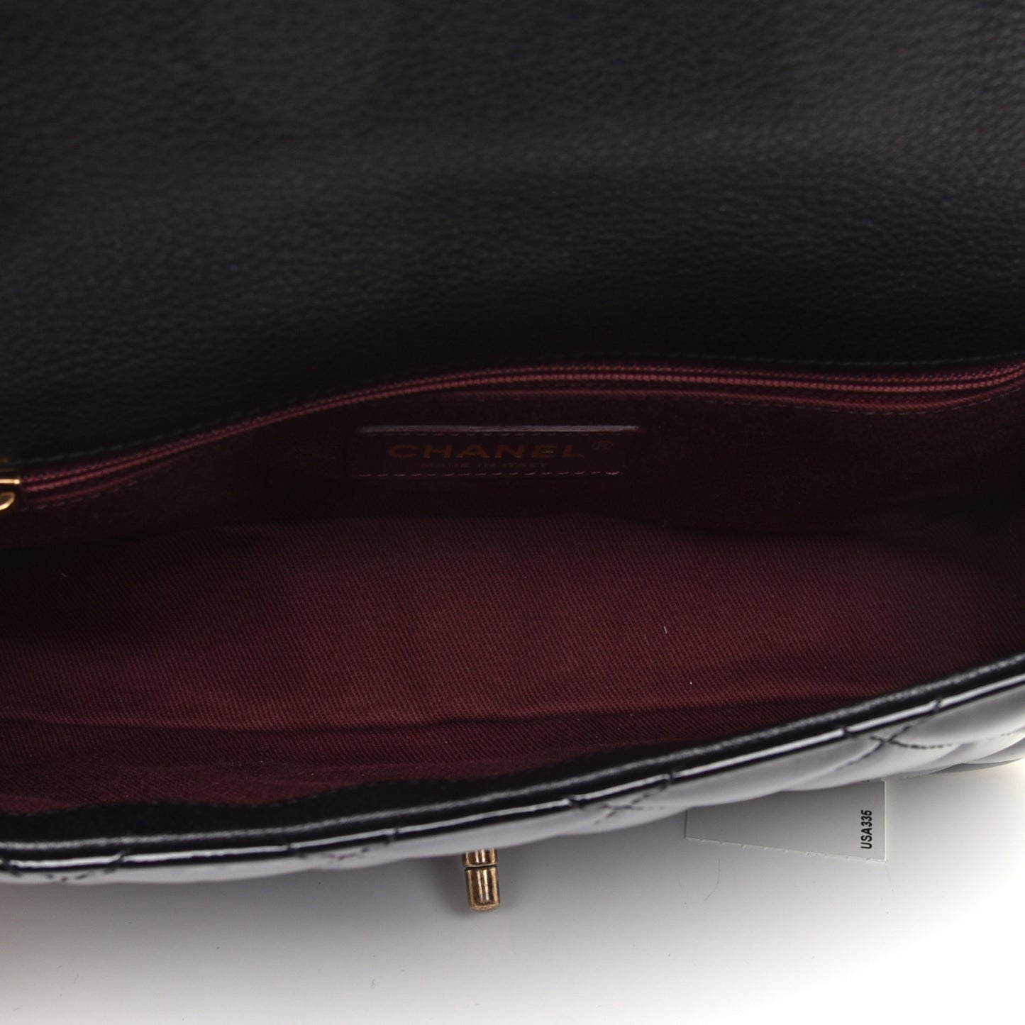 Patent Goatskin Quilted Medium CC Eyelet Flap Black