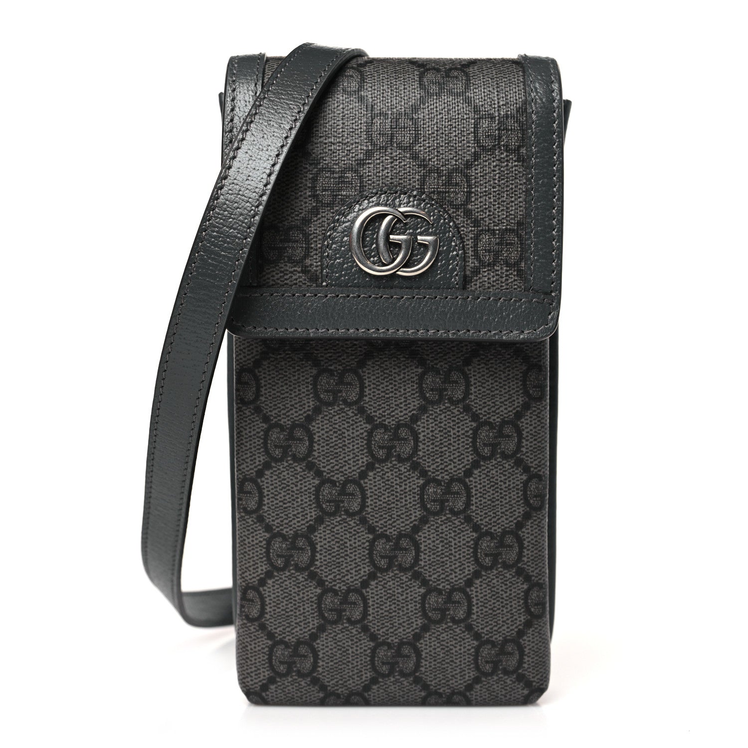 Gucci GG Supreme Monogram Textured Dollar Calfskin Phone Crossbody Bag Grey Black Graphite Grey 1 of 8