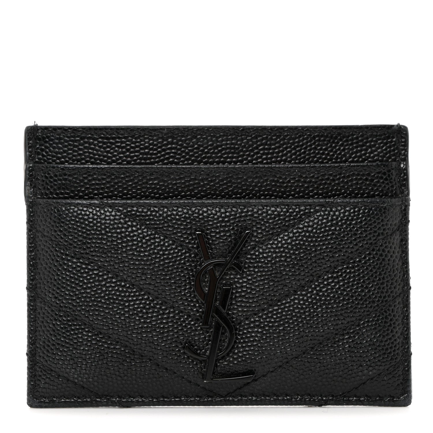 Saint Laurent Grain De Poudre Matelasse Chevron Monochrome Monogram Credit Card Case Black 1 of 8