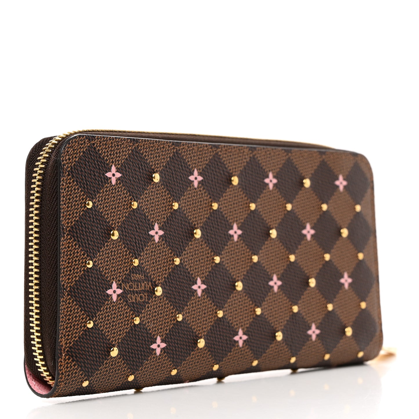 Damier Ebene Studded Zippy Wallet Rose Ballerine