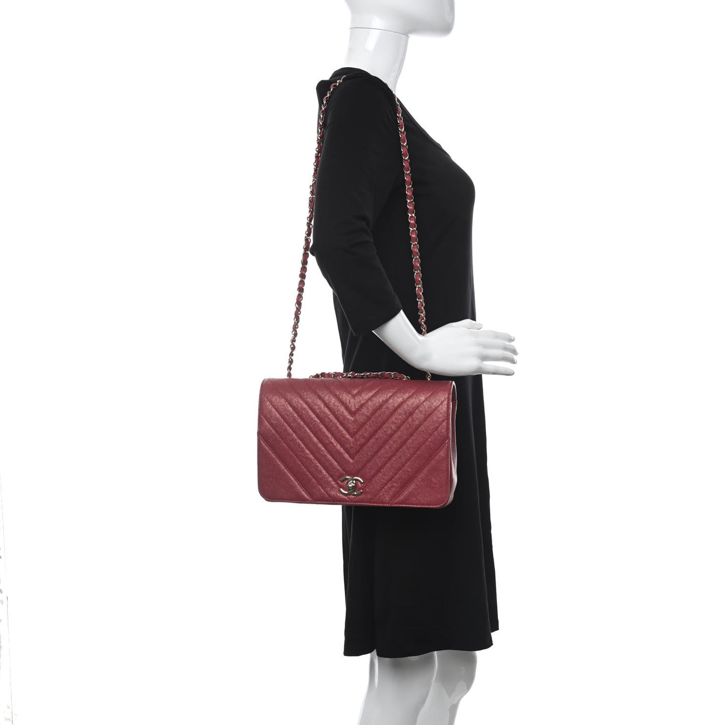 Metallic Caviar Chevron Quilted Medium Statement Flap Dark Pink