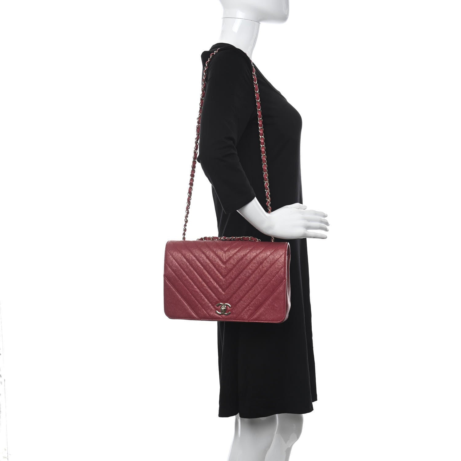 Chanel Metallic Caviar Chevron Quilted Medium Statement Flap Dark Pink 2 of 10