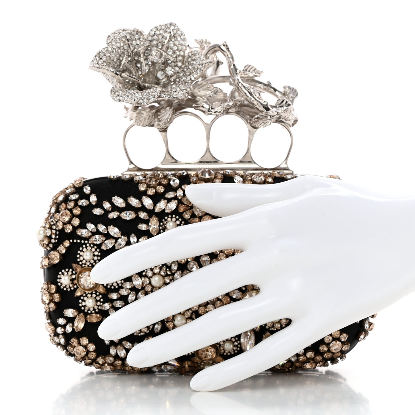 Satin Embellished Floral Knuckle Duster Box Clutch Black