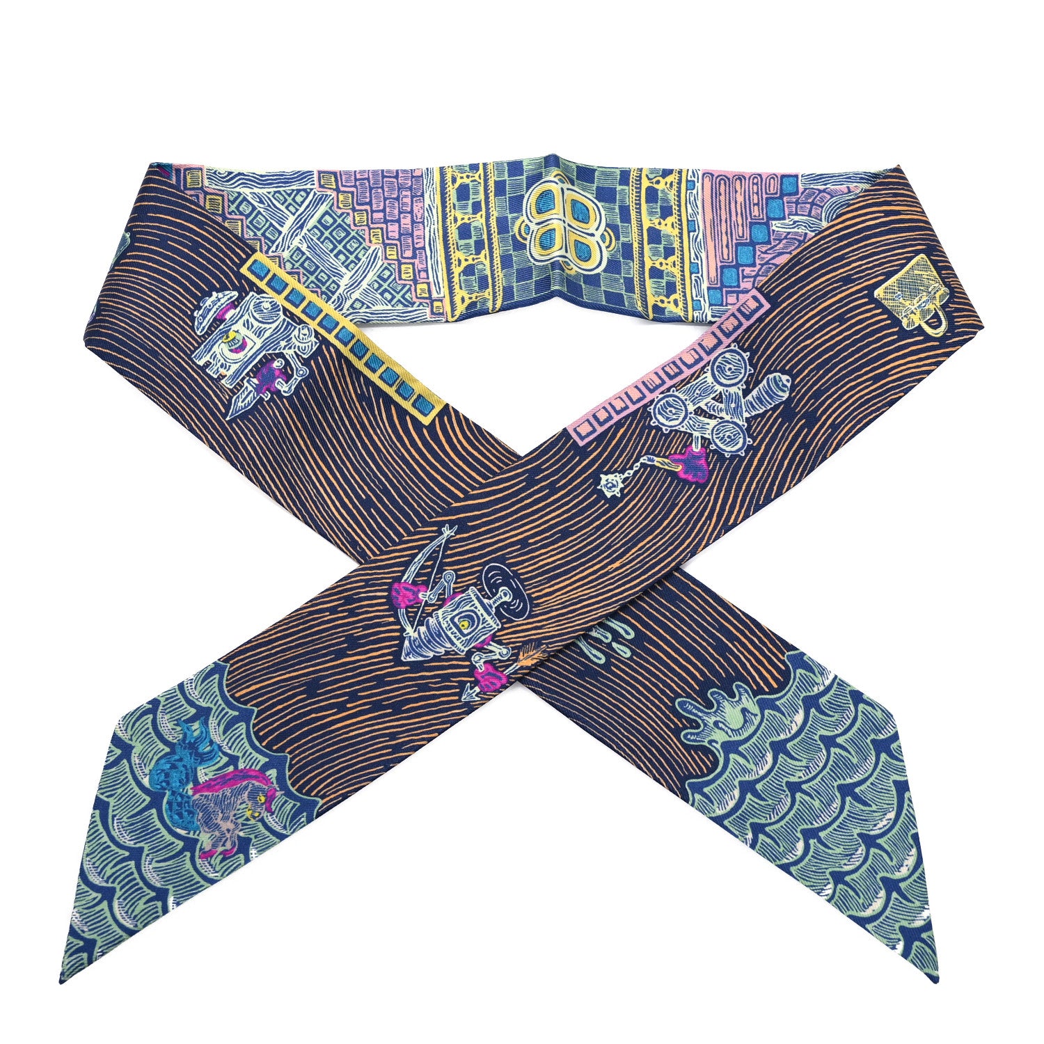 Hermes Silk Super Silk Quest Twilly Bleu Cobalt Rose Jaune 1 of 5