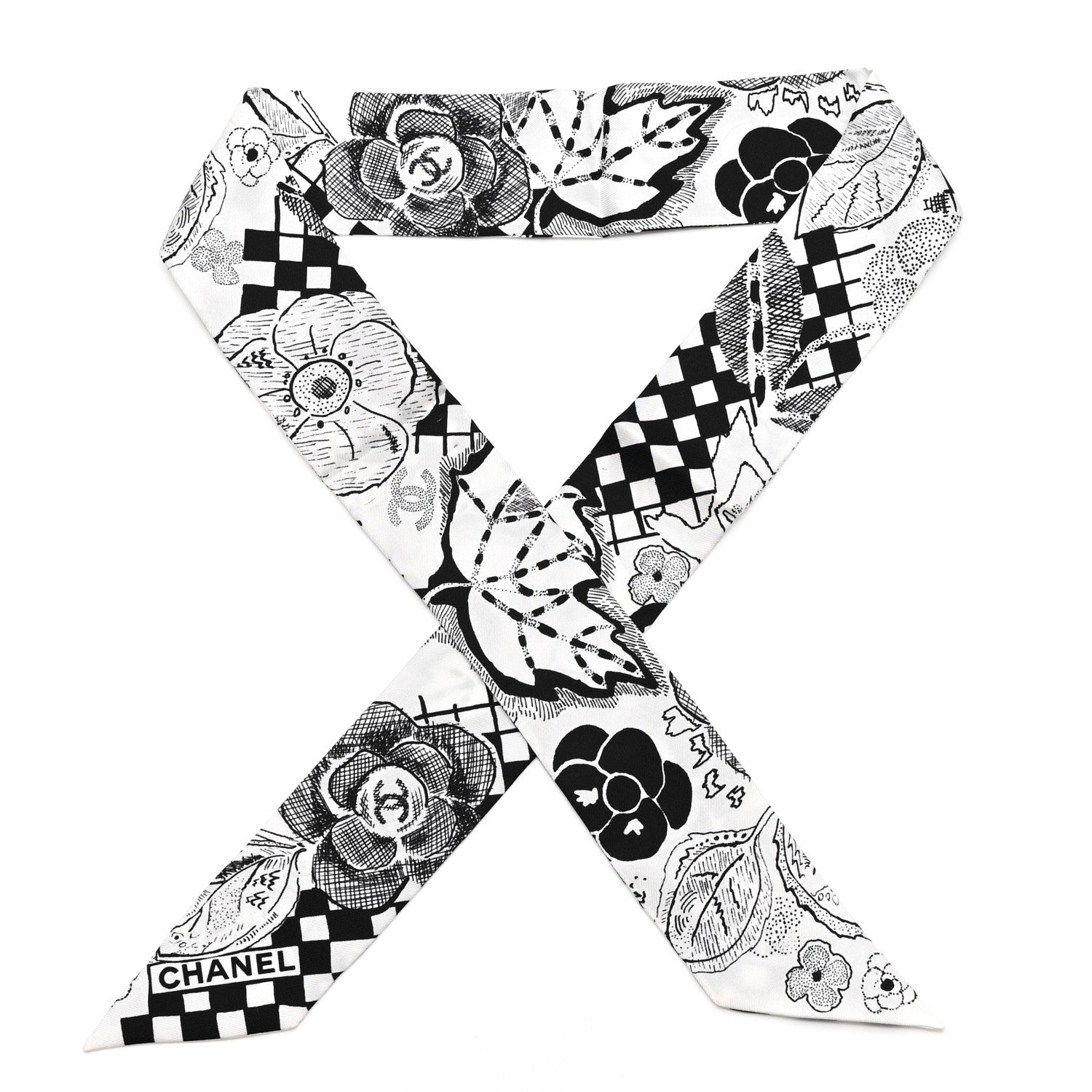 Chanel Silk Camellia CC Bandeau Scarf White Black 1 of 5