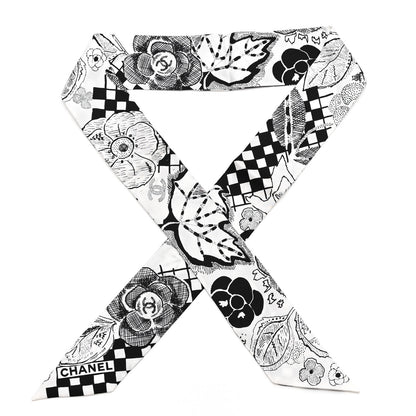 Chanel Silk Camellia CC Bandeau Scarf White Black 1 of 5