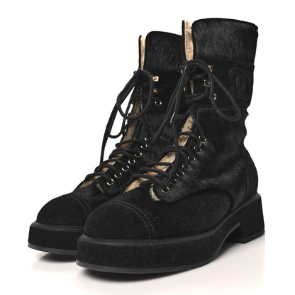 Chanel Suede Pony Hair Shearling Lace Up Combat Boots 38 Black White 4 of 11