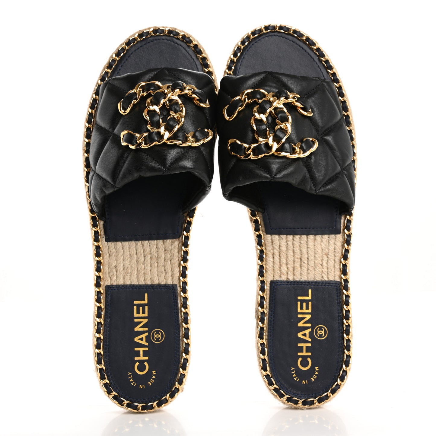 Lambskin Quilted CC Chain Espadrille Mules 40 Black Navy