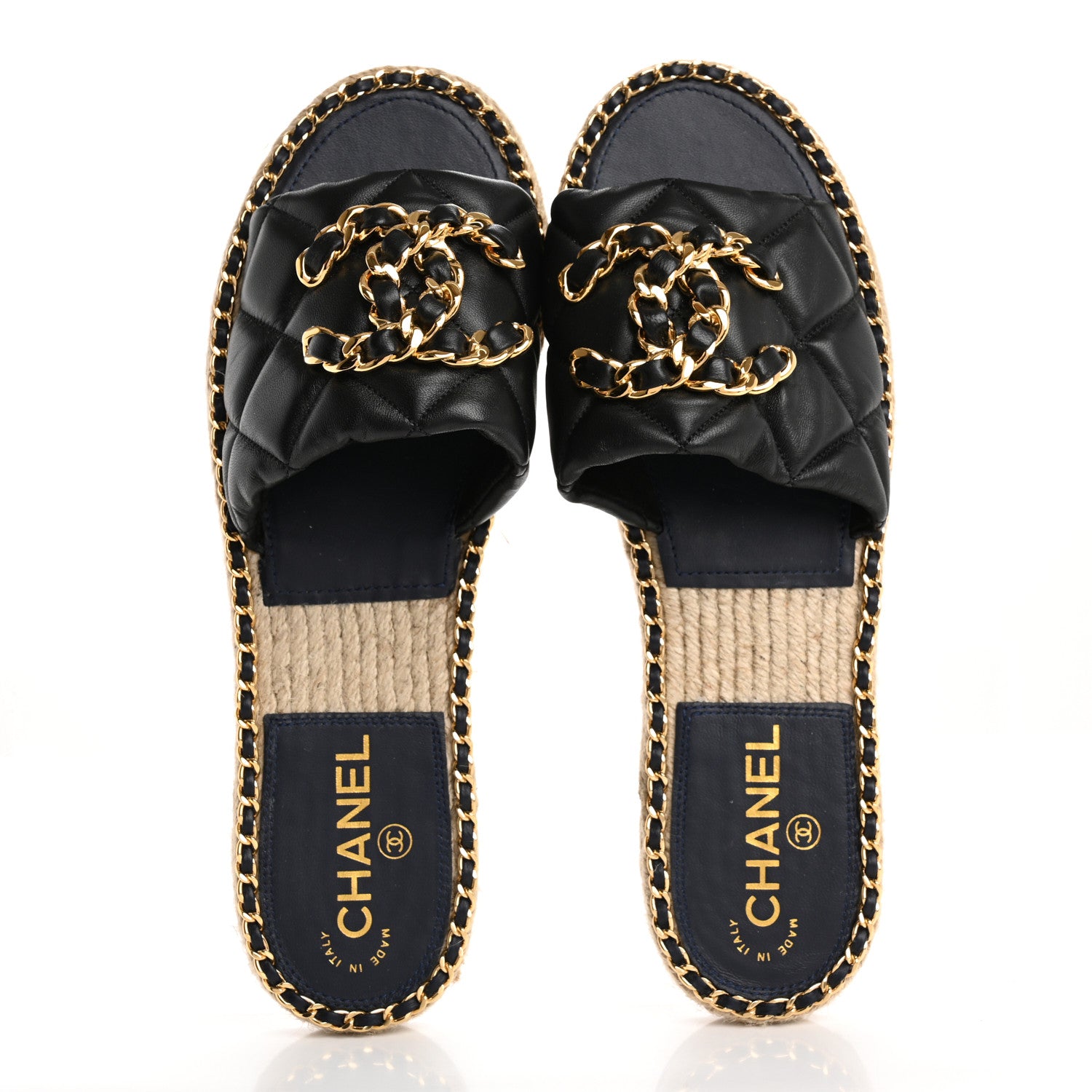 Chanel Lambskin Quilted CC Chain Espadrille Mules 40 Black Navy 2 of 9