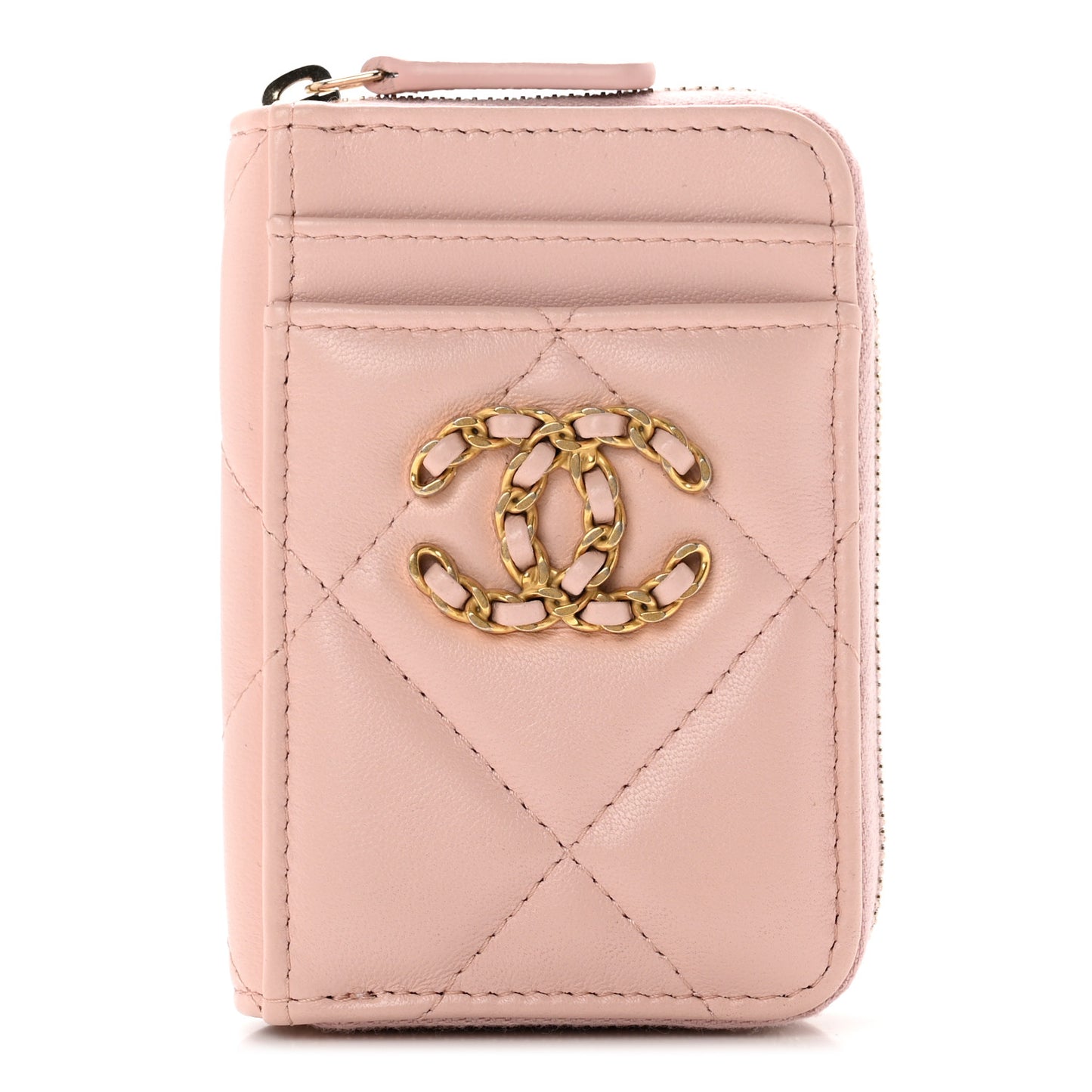 Lambskin Quilted Chanel 19 Vertical Zip Card Holder Wallet Light Pink