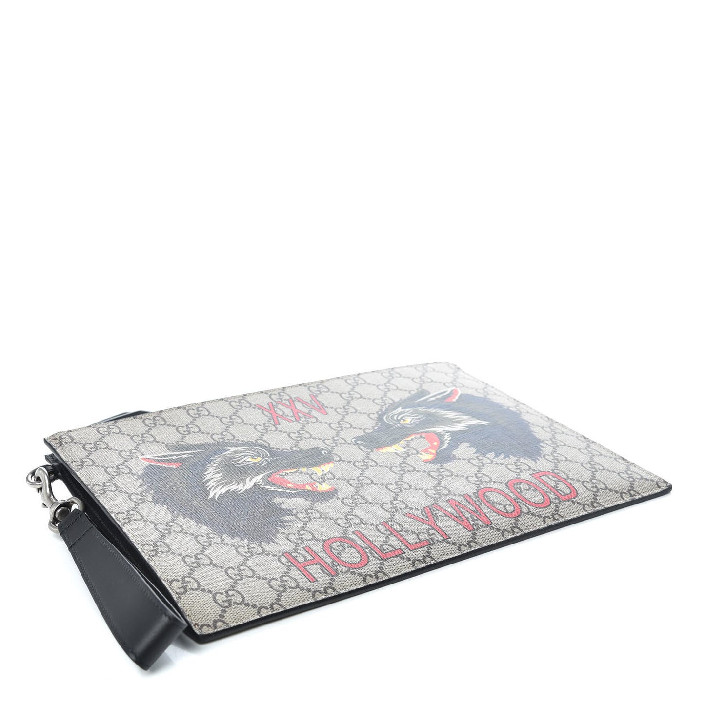 GG Supreme Monogram Wolf Zip Wristlet Pouch Beige