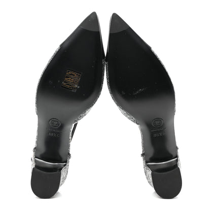 Chanel Tweed Satin Slingback Cap Toe Bow Pumps 38.5 Grey Black 5 of 10