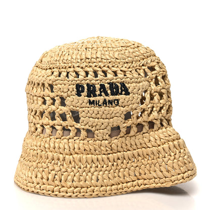 Prada Yarn Raffia Effect Crochet Logo Embroidered Womens Bucket Hat S Naturale 2 of 7