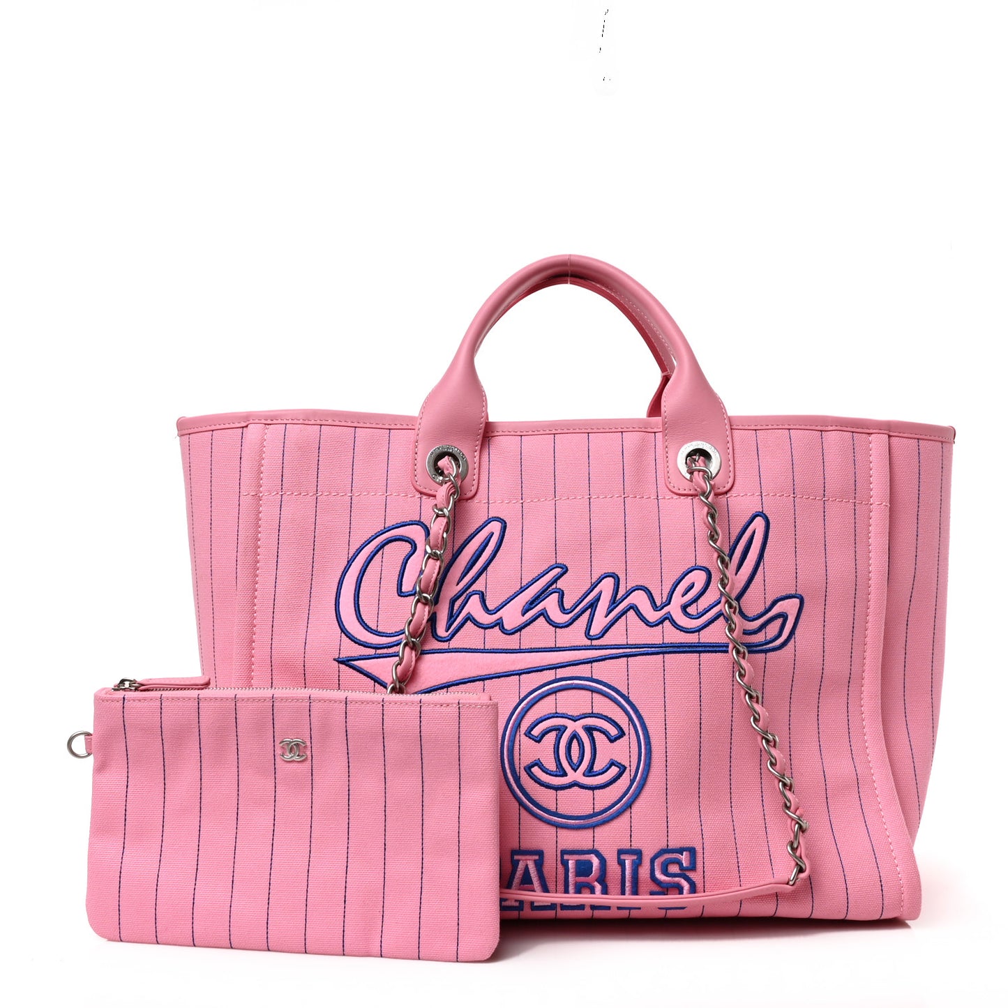 Canvas Calfskin Striped Large Deauville Tote Pink Blue