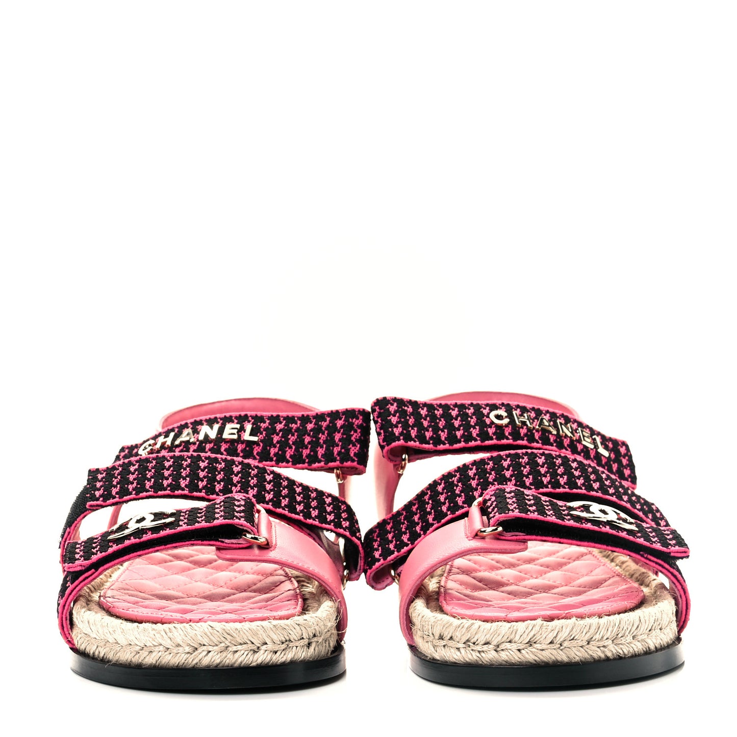 Stretch Fabric Lambskin CC Flat Sandals 39 Pink Black