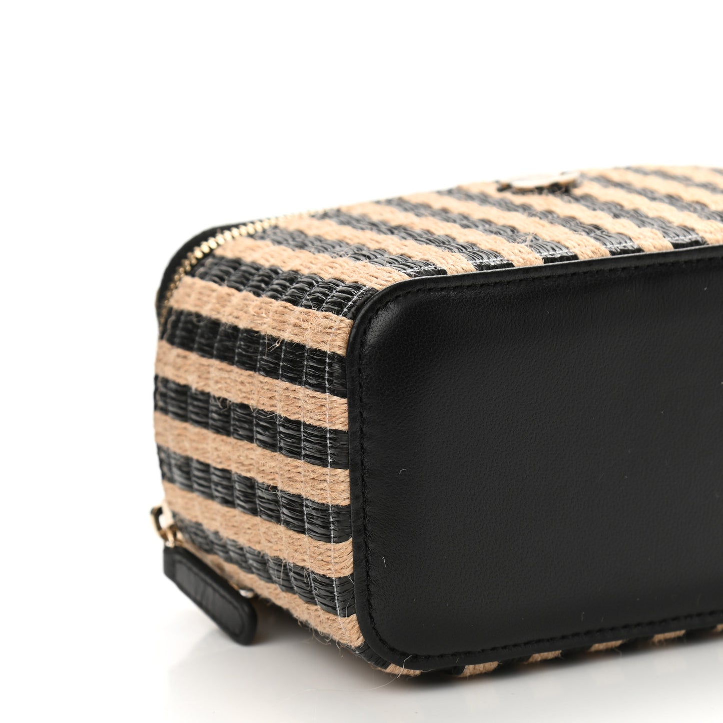 Raffia Jute Striped Small Vanity Case With Chain Black Beige