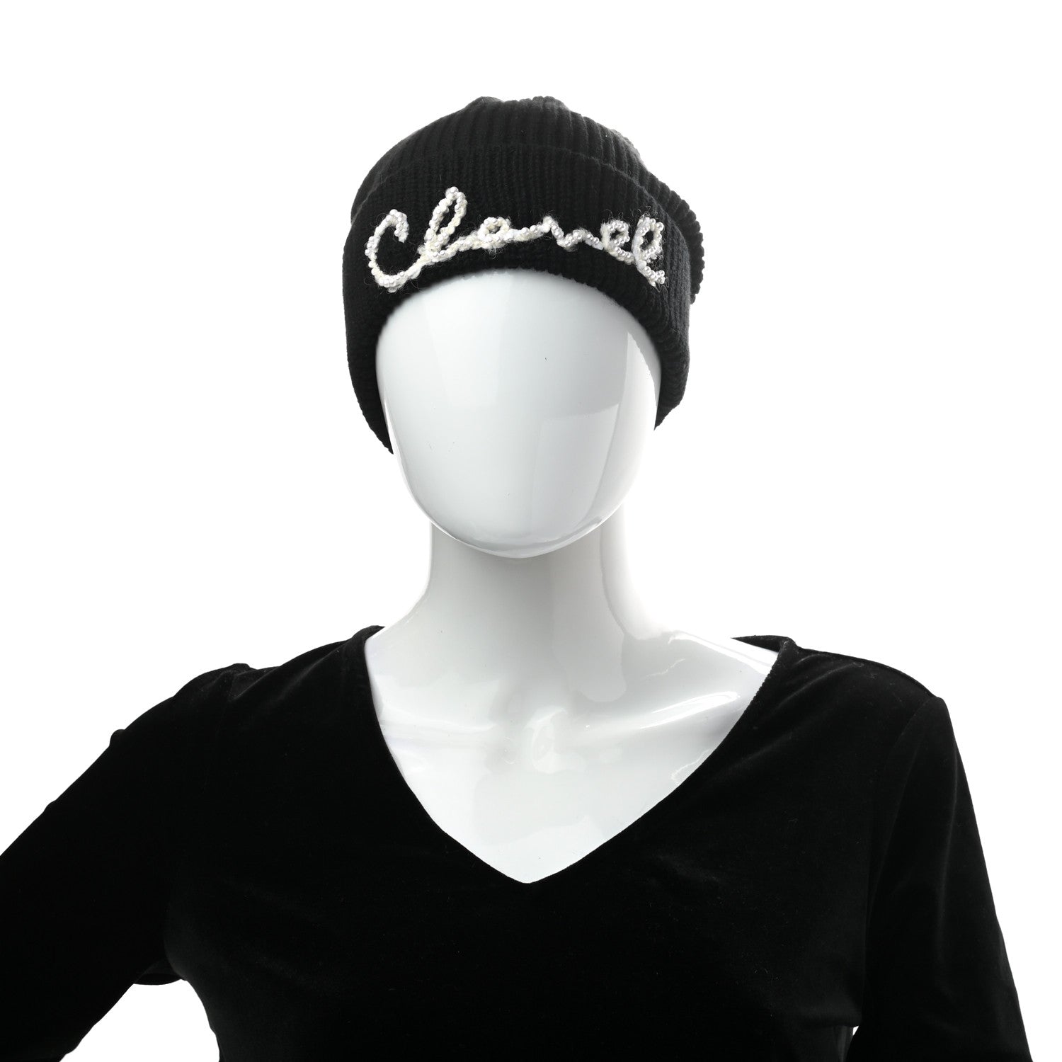 Chanel Cashmere Logo Beanie Hat Black White 2 of 5