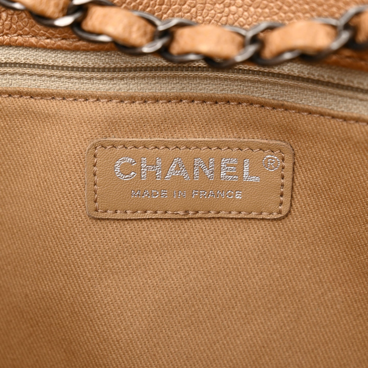 Metallic Grained Calfskin Woven Chain Medium Shopping Tote Beige