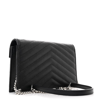 Saint Laurent Grain De Poudre Matelasse Chevron Monogram Envelope Chain Wallet Black 3 of 12