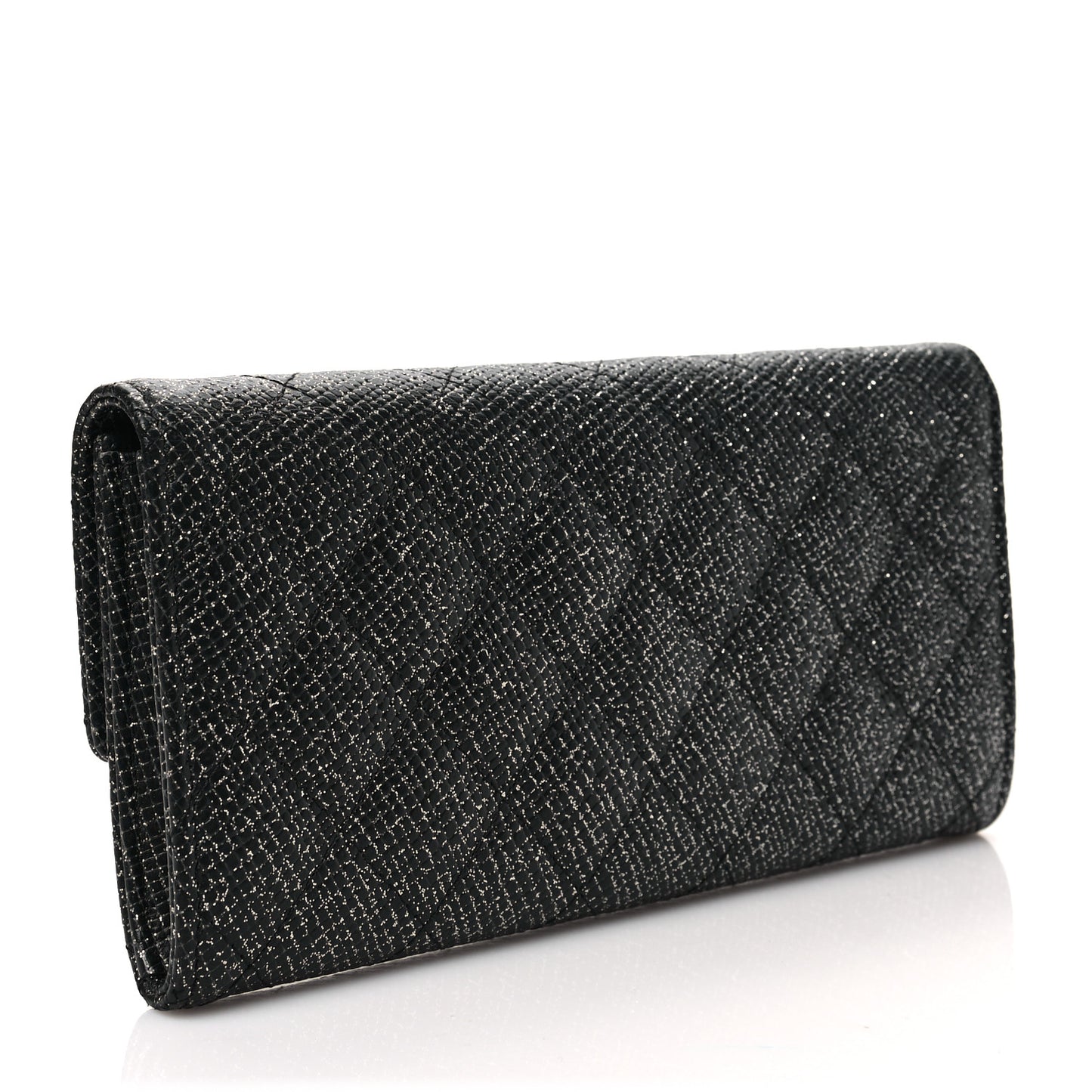 Metallic Calfskin Quilted Large Gusset Flap Wallet Dark Grey