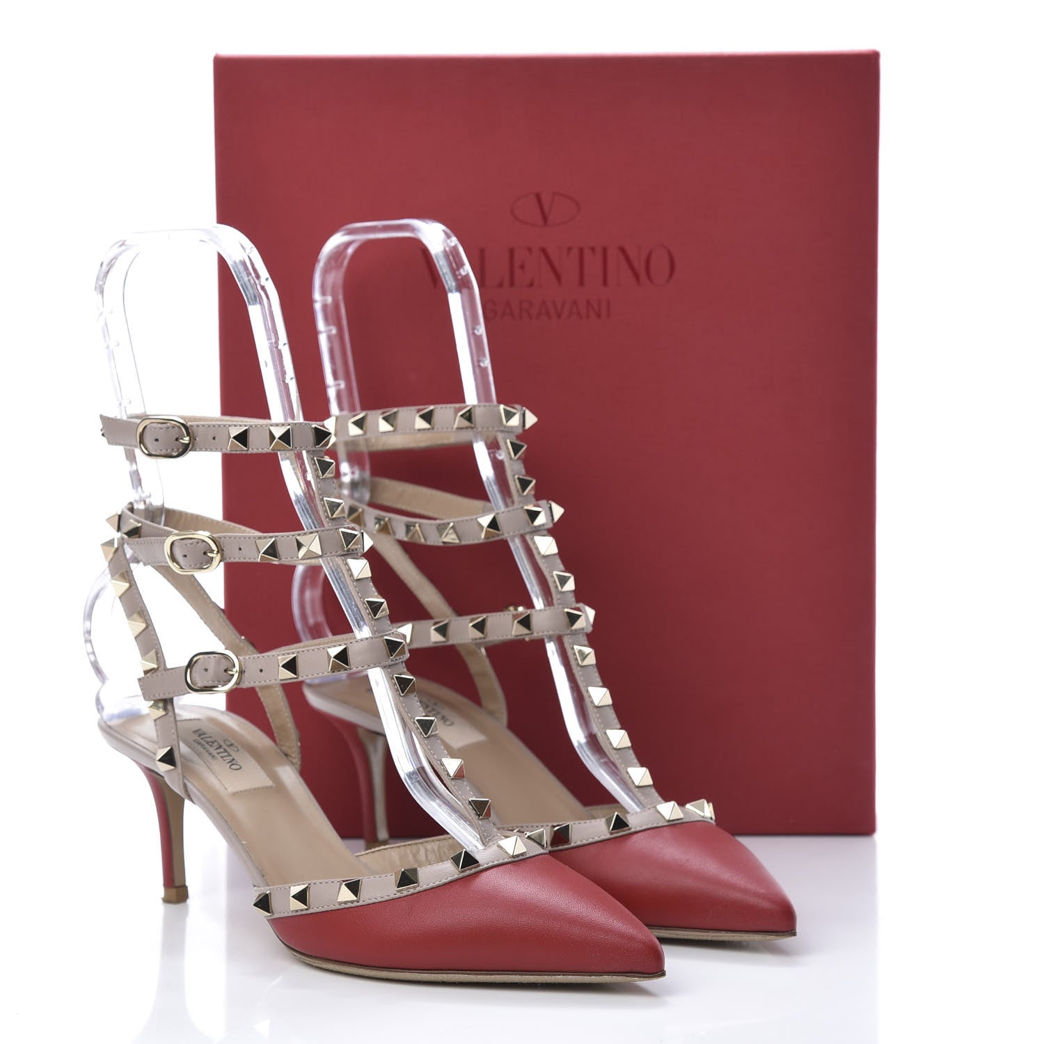Valentino Garavani Nappa Rockstud Ankle Strap Low Heel Pumps 38 Red Poudre 12 of 12