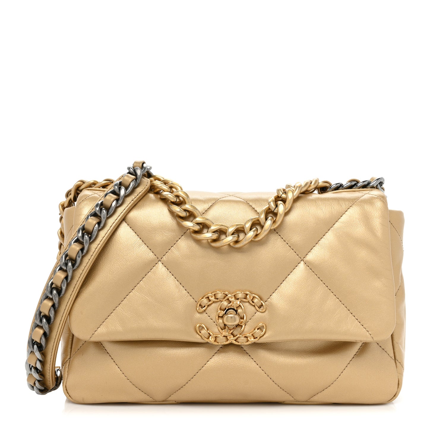 Metallic Goatskin Quilted Medium Chanel 19 Flap Gold