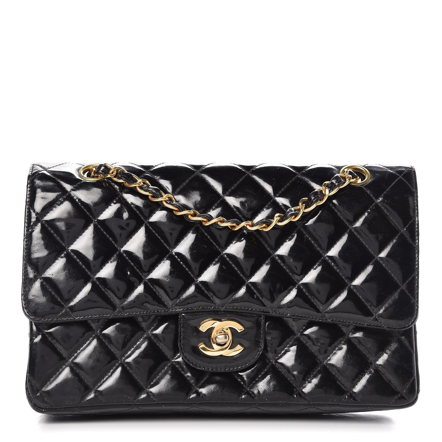 Patent Quilted Medium Double Flap Black