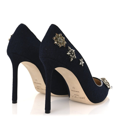 Jimmy Choo Crystal Embellished Romy 100 Flannel Pumps 37 Navy 9 of 20
