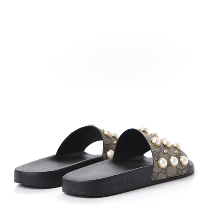 Gucci GG Supreme Monogram Pearls Slide Sandals 37 Beige 4 of 9